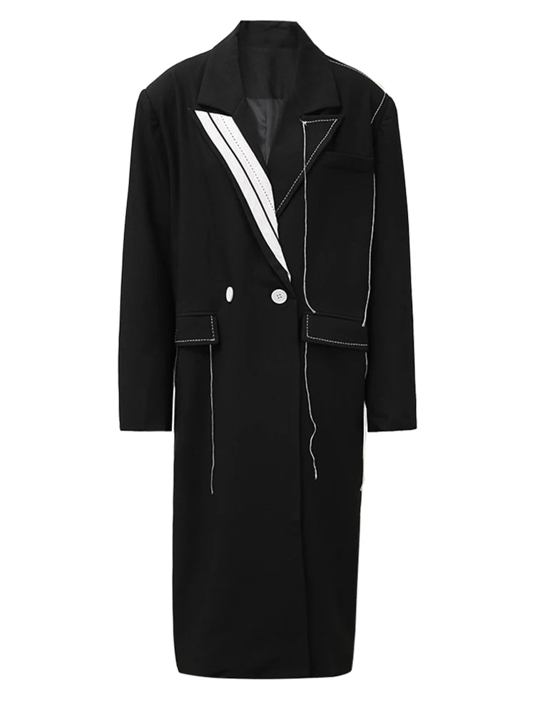 Women Black Topstitched Big Size Long Casual Blazer New Lapel Long Sleeve Jacket Fashion Tide Spring Autumn 2025 20A3504