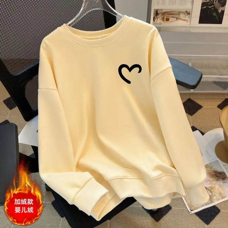 Women Fashion Solid O Neck Plush Heart Velvet Sweatshirt Autumn Winter Long Sleeve Comfort Casual Pullover Top Loose Popular New