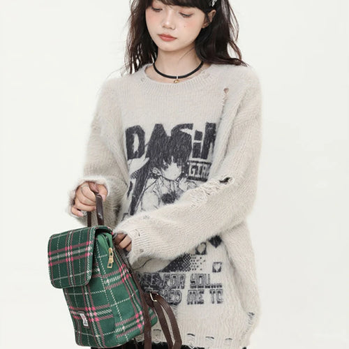 Load image into Gallery viewer, Cartoon Jacquard Japanese Grunge Sweater Women Gothic Vintage Ripped Y2k Aesthetic Jumper Streetwear Oversize Hiphop Pullover
