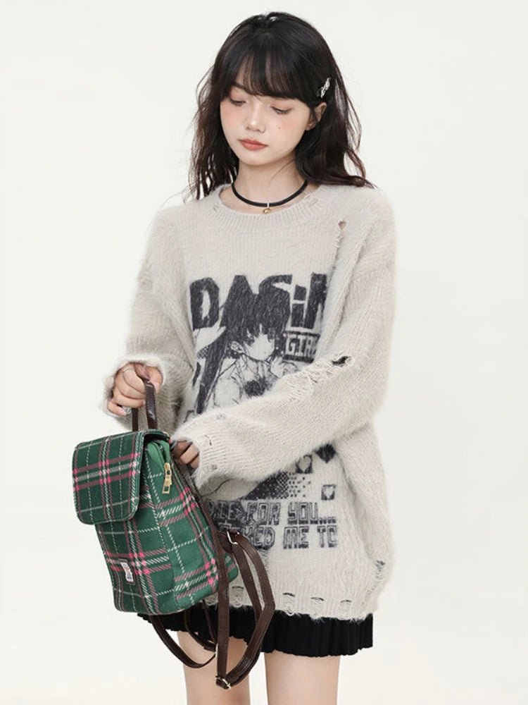 Cartoon Jacquard Japanese Grunge Sweater Women Gothic Vintage Ripped Y2k Aesthetic Jumper Streetwear Oversize Hiphop Pullover