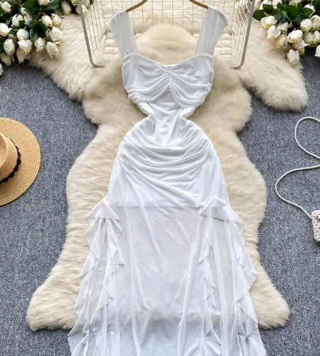 French Summer Fashion Women Black White Vacation Ruffle Edge Slip Long Dress Red Sexy Backless Slim Irregular Pleated Mesh Dress