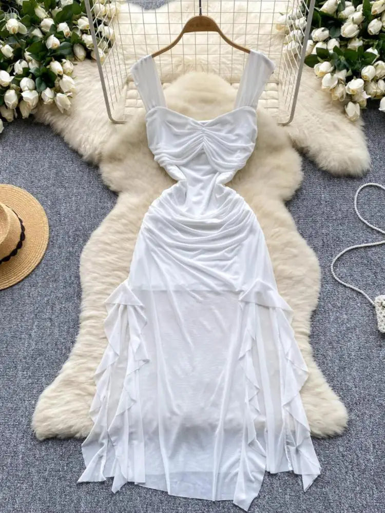 French Summer Fashion Women Black White Vacation Ruffle Edge Slip Long Dress Red Sexy Backless Slim Irregular Pleated Mesh Dress