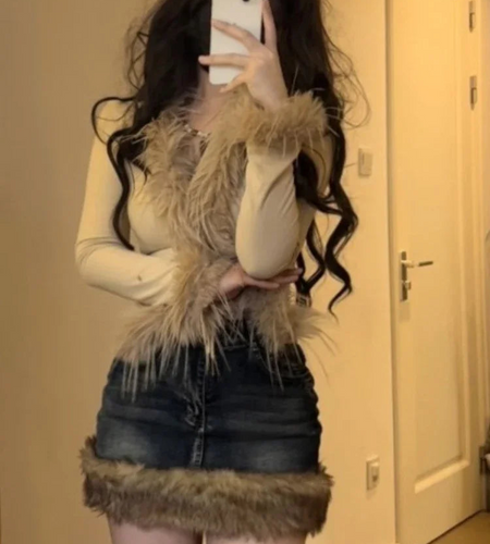 Korean Woman Tshirts Crop Tops Patchwork Furry Long Sleeve Tunic Tees 2023 Ropa Mujer Fashion Vintage Temperament Y2k T Shirt