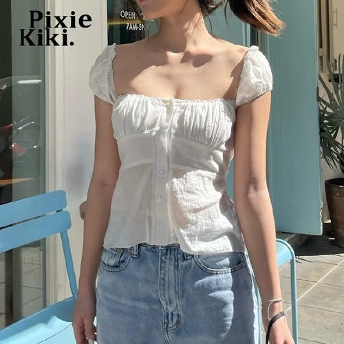 Load image into Gallery viewer, Square Neck Puff Sleeve Button Down Shirts Summer 2000s Clothes Y2k Women White Crop Top Coquette P33-BB10
