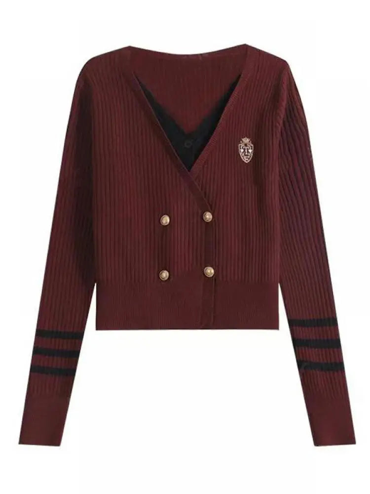 French Fashion 2024 New Patchwork Elegant Long Sleeved Sweater Autumn Winter Women's V Neck Double Breasted Cardigan Knitted Top