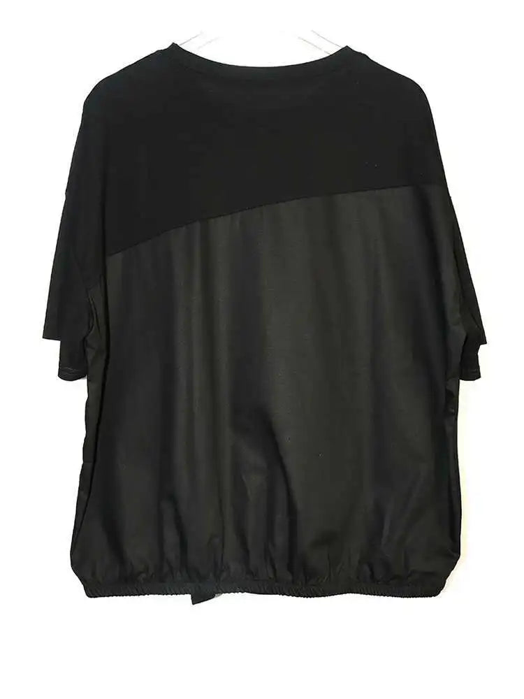 Women Black Pocket Irregular Spliced Big Size T-shirt New Round Neck Short Sleeve Fashion Tide Spring Summer 2025 1DJ0621