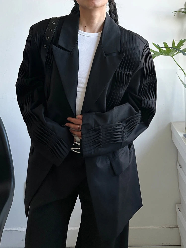 Women Black Pleated Shaped Big Size Elegant Blazer New Lapel Long Sleeve Jacket Fashion Tide Spring Autumn 2025 1DH9563