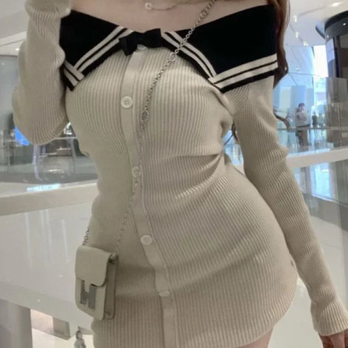 Load image into Gallery viewer, Sexy Knitted Knit Sweater Mini Dress Off Shoudler Korean Fashion Bodycon Wrap Slim Shhort Dresses Evening Party Kpop
