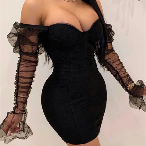 Load image into Gallery viewer, Sexy Mesh Puff Sleeve Party Dress Women Low Collar Backless Patchwork Red Mini Dress Nightclub 2020 Spring Vestidos
