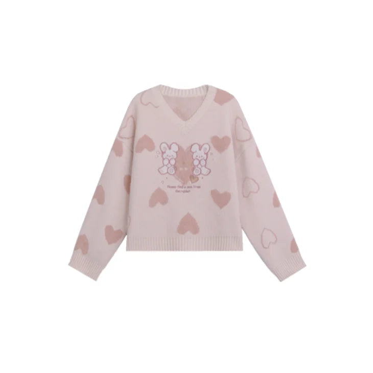 Harajuku Y2k Women Sweater Preppy Style Cute Rabbit Embroidery V-neck Knitted Jumper Top Sweet Pullover Sueter Mujer