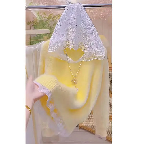 Load image into Gallery viewer, Autumn Winter Retro Patchwork Lace Hooded Elegant Warm Short Knitted Pullover Mink Sweater Women's Long Sleeved Tops Streetwear
