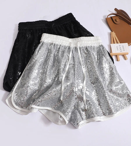 Vintage Women's Silver Sequin Drawstring Lace-up Shorts Summer High Waist Fashion Black Wide Leg Short Pants Versatile Sexy Club