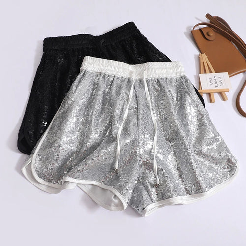 Load image into Gallery viewer, Vintage Women&#39;s Silver Sequin Drawstring Lace-up Shorts Summer High Waist Fashion Black Wide Leg Short Pants Versatile Sexy Club
