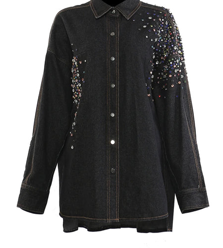 Women Black Denim Rhinestones Shining Big Size Blouse New Lapel Long Sleeve Shirt Fashion Tide Spring Autumn 2025 1DH9825