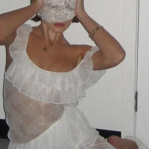 Load image into Gallery viewer, Sexy Lace Mesh Patchwork Ruffle Edge Perspective Dress Women Body Irregular Tight Dress Party Vacation Beach Vestido
