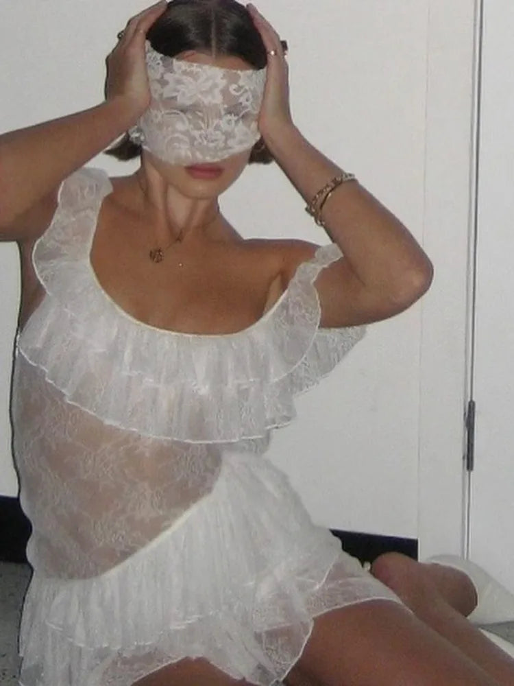 Sexy Lace Mesh Patchwork Ruffle Edge Perspective Dress Women Body Irregular Tight Dress Party Vacation Beach Vestido