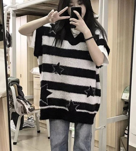 2025 Detachable Sleeve Gothic Sweaters Women Harajuku Knitted Oversized Striped Jumper Y2k Aesthetic Star Grunge Tops Streetwear