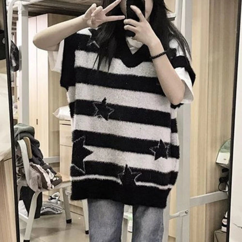 Load image into Gallery viewer, 2025 Detachable Sleeve Gothic Sweaters Women Harajuku Knitted Oversized Striped Jumper Y2k Aesthetic Star Grunge Tops Streetwear
