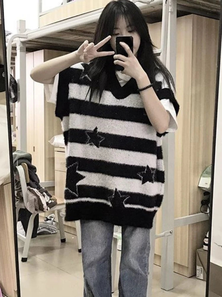 2025 Detachable Sleeve Gothic Sweaters Women Harajuku Knitted Oversized Striped Jumper Y2k Aesthetic Star Grunge Tops Streetwear