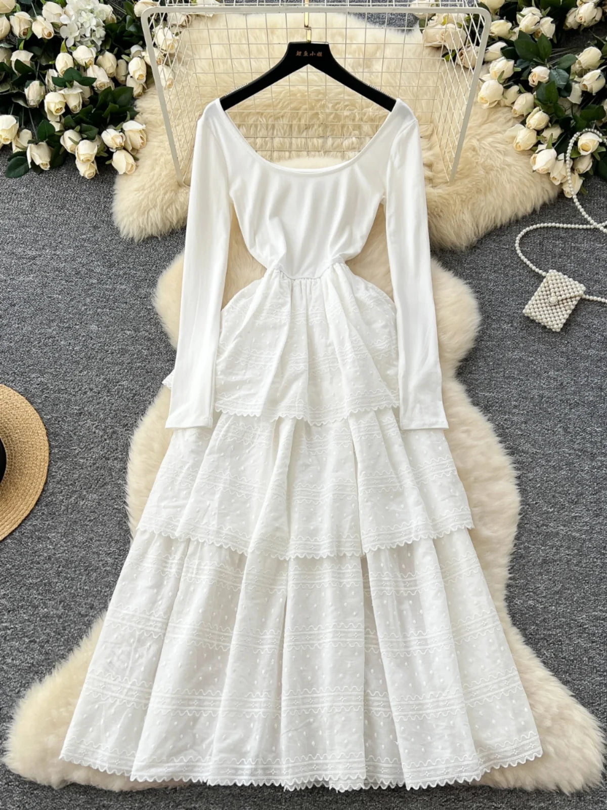 Korean Fashion Women White Embroidered Elegant Long Sleeved Pleated Cake Dress Spring Round Neck High Waist Vacation Party Dress