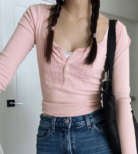 Pink Lace Patched Slim Sweet Tee Shirts Buttons Korean Spring Autumn Women's T-shirt Tops Coquette Clothing Pullover