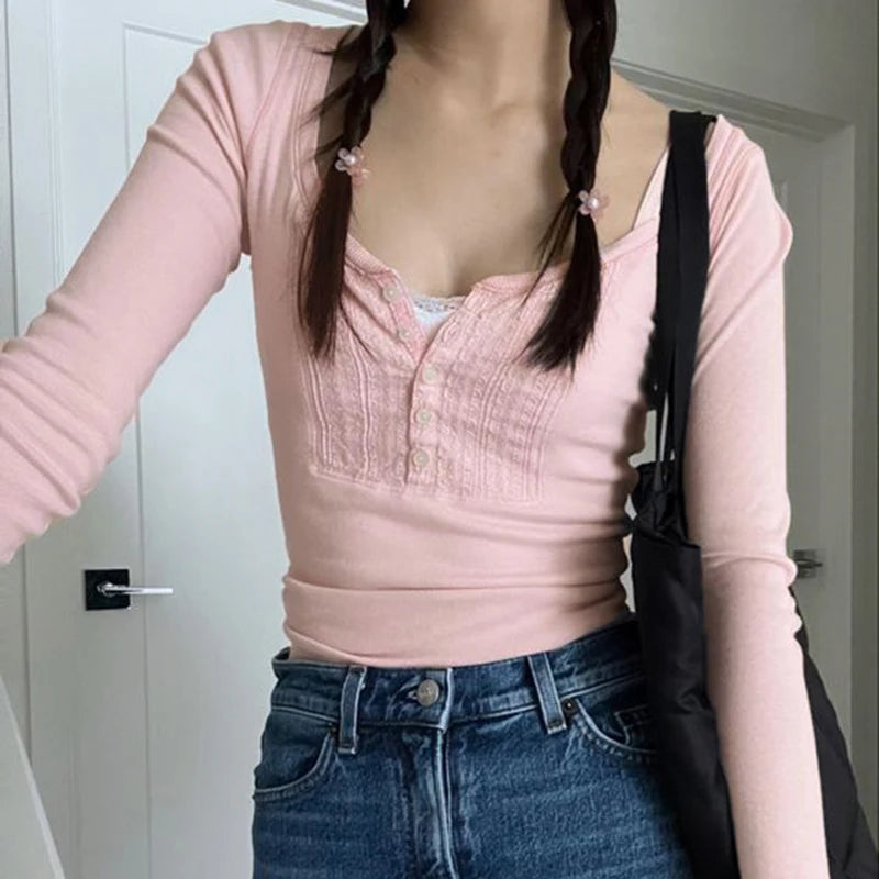Pink Lace Patched Slim Sweet Tee Shirts Buttons Korean Spring Autumn Women's T-shirt Tops Coquette Clothing Pullover