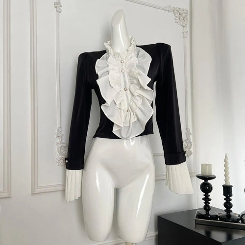 Load image into Gallery viewer, French Women Black White Patchwork Elegant Ruffles Blouse Autumn Fashion Long Sleeve Pleated Shirt Vintage Festival Short Tops
