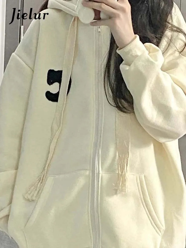 Winter Simple Apricot Women's Hoodies Spell Color Zip-up Pockets Drawstring Fashion Female Streetwear Basic Chic Hoodie