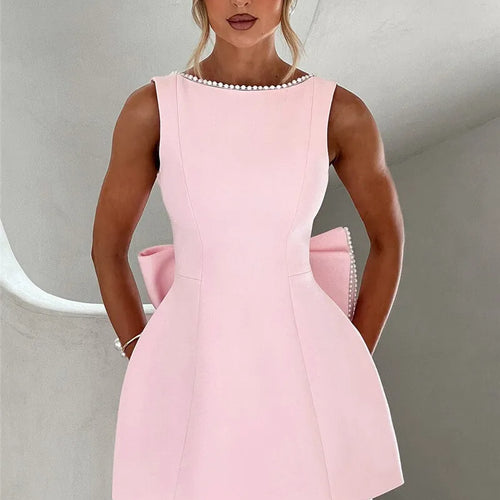 Load image into Gallery viewer, Pearl Bow Backless Sexy Mini Dress For Women Robe Fashion Zipper Sleeveless High Waist A-line Club Party Dress Elegant
