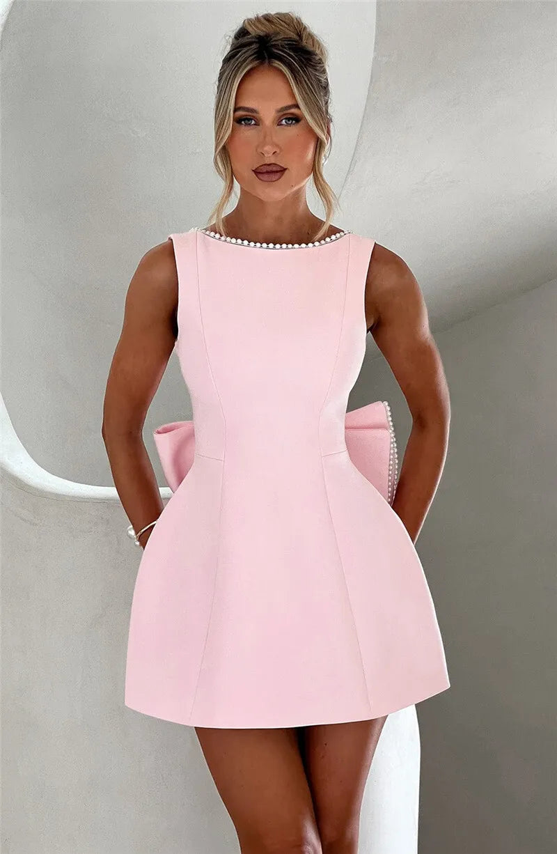 Pearl Bow Backless Sexy Mini Dress For Women Robe Fashion Zipper Sleeveless High Waist A-line Club Party Dress Elegant