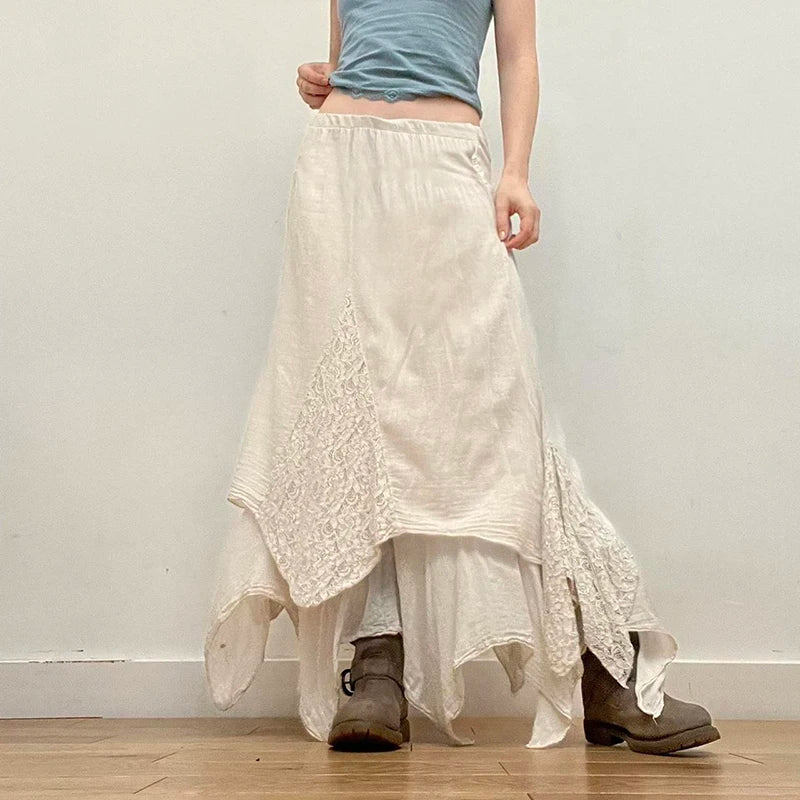 Chic Boho Lace Spliced Loose Maxi Skirt French Holidays Irrgular Hem Fashion Women Skirt Long Fairycore Tierred