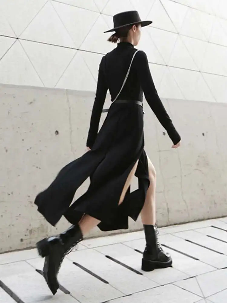 Women Red Hem Slit Long Irregular Dress New Turtleneck Long Sleeve Loose Fit Fashion Tide Spring Autumn 2025 1DF4817