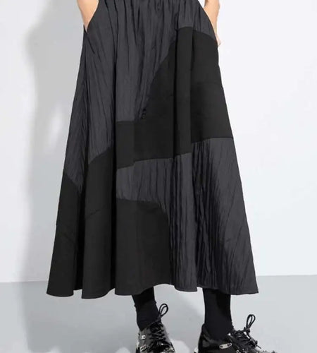 High Elastic Waist Black Color-block Pleated A-line Half-body Skirt Women Fashion Tide New Spring Autumn 2025 1DH7645