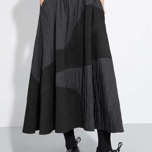 Load image into Gallery viewer, High Elastic Waist Black Color-block Pleated A-line Half-body Skirt Women Fashion Tide New Spring Autumn 2025 1DH7645

