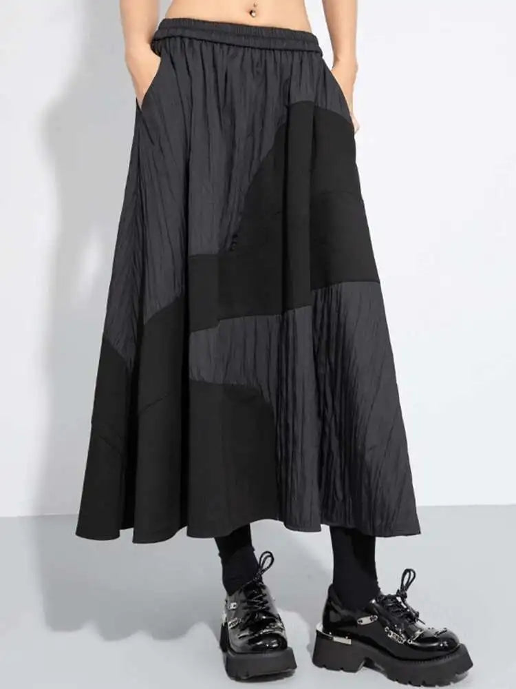 High Elastic Waist Black Color-block Pleated A-line Half-body Skirt Women Fashion Tide New Spring Autumn 2025 1DH7645
