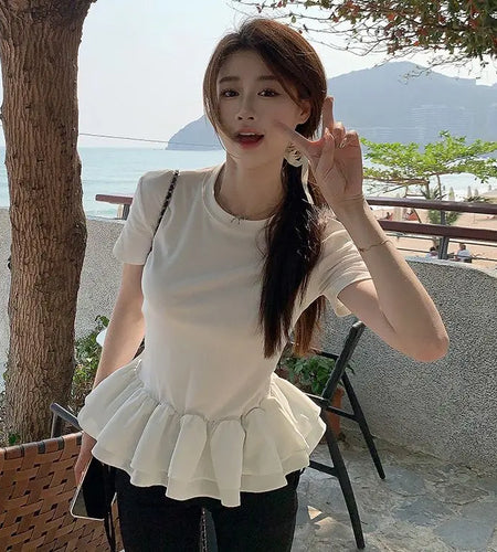 Cotton Shirts for Women Sweet White T Shirts 2024 Ropa Mujer Patchwork Ruffles Short Sleeve O-neck Summer Tees Casual Tshirt