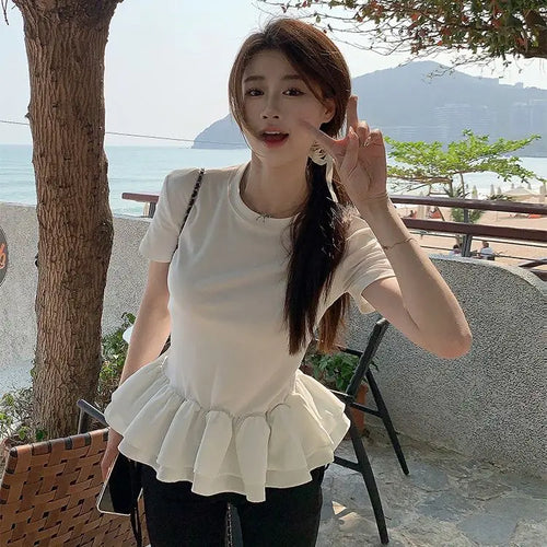 Load image into Gallery viewer, Cotton Shirts for Women Sweet White T Shirts 2024 Ropa Mujer Patchwork Ruffles Short Sleeve O-neck Summer Tees Casual Tshirt
