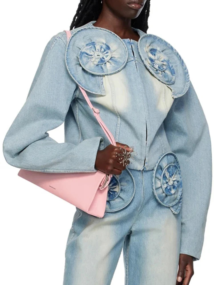 Spliced Spiral Floral Denim Casual Coats For Women Round Neck Long Sleeve Designer Vintage Jacket Female Fashion Clothing