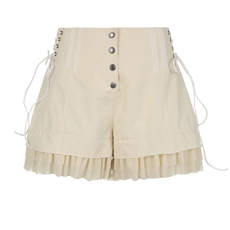 Fashion Chic Ruffles Spliced High Waist Shorts Women Lace Trim Buttons Coquette Clothes Summer Shorts Tie Up Outfits