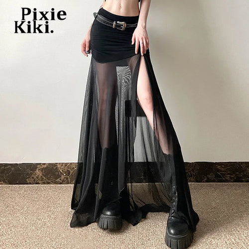 Load image into Gallery viewer, Street Fashion Patchwork Mesh Skirts for Women Sexy Black High Split Long Skirt Summer Y2k Clothing P94-CD22
