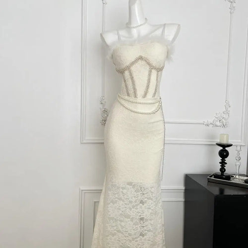 Load image into Gallery viewer, French Vintage Beige Lace Elegant Sexy Club Sleeveless Long Dresses Women Autumn Winter Off Shoulder Backless Velvet Slip Dress
