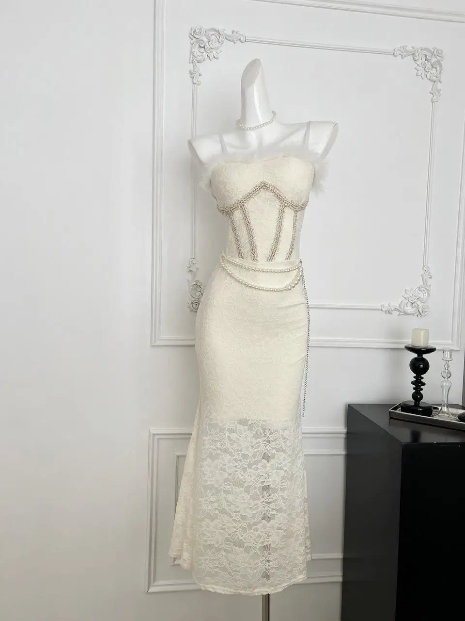 French Vintage Beige Lace Elegant Sexy Club Sleeveless Long Dresses Women Autumn Winter Off Shoulder Backless Velvet Slip Dress