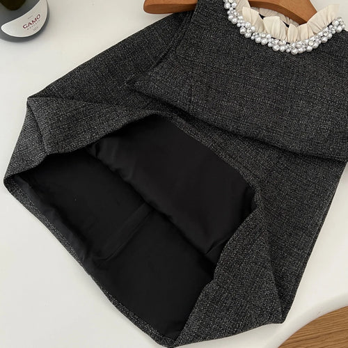 Load image into Gallery viewer, Autumn Winter Fashion Women's Set 2024 New Korean Gray Button Short Coat And Round Neck Ruffles Pearl Vest Dress Two Piece Suits
