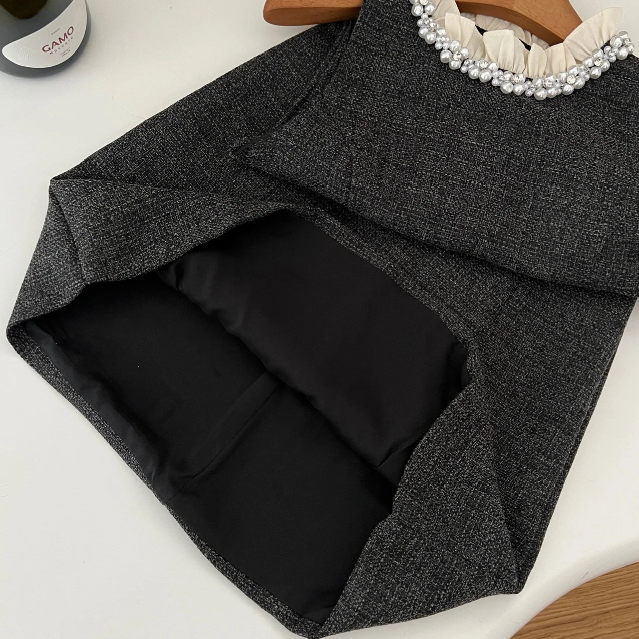 Autumn Winter Fashion Women's Set 2024 New Korean Gray Button Short Coat And Round Neck Ruffles Pearl Vest Dress Two Piece Suits