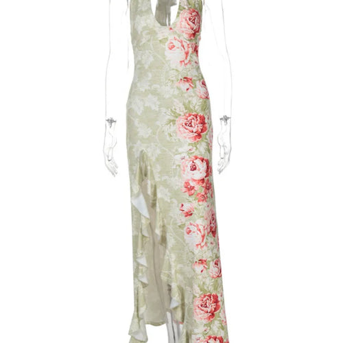 Load image into Gallery viewer, Halter Backless Print Sexy Maxi Dress Women Deep V Neck Sleeveless Thigh High Split Ruffled Sexy Club Beach Long Dress
