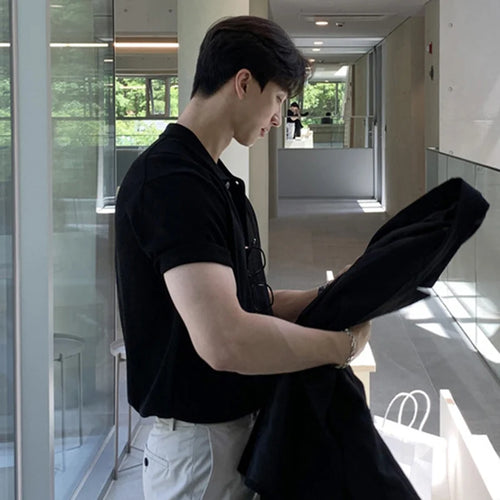 Load image into Gallery viewer, Men's T-shirts Solid Color Turn-down Collar Short Sleeved Single Breasted New Korean Summer Casual Male T-shirt 9W1361
