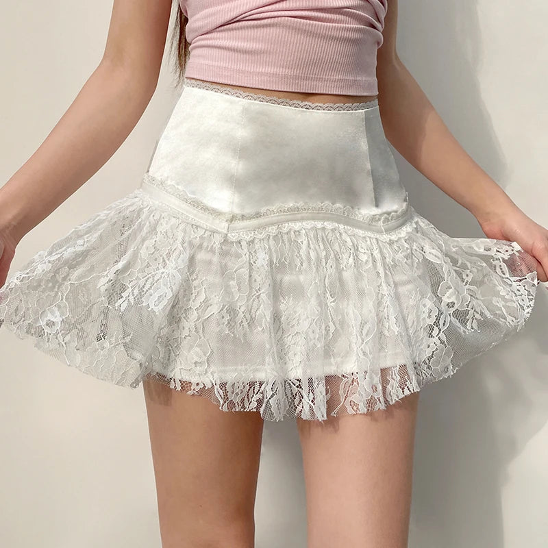 Chic French White Lace Skirt Women Y2K Fashion Spliced A-Line Folds Summer Mini Skirts Double Layer Party Bottoms New