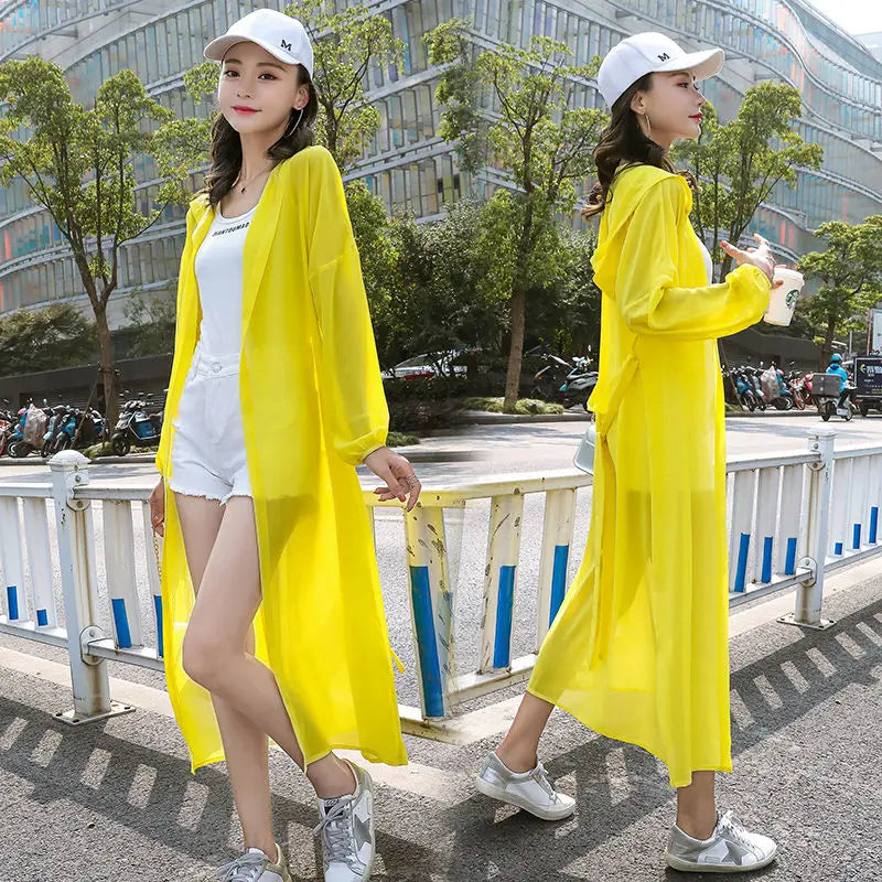 Summer Solid Shawl Cardigan Hooded Beach Shirts Women's Oversized Long Sleeve Cardigan Loose Sun Protection Bandage Blouses Top