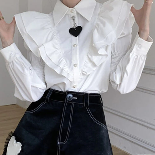 Load image into Gallery viewer, Solid Patchwork Ruffles Elegant Shirts For Women Lapel Puff Sleeve Splcied Single Breasted Casual Slim Shirt Female
