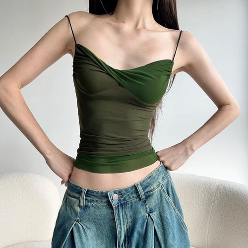 Load image into Gallery viewer, Streetwear Twisted Skinny Summer Mesh Top Slip Casual Folds Contrast Color Sexy Women Camis Tops Korean Hot Outfits
